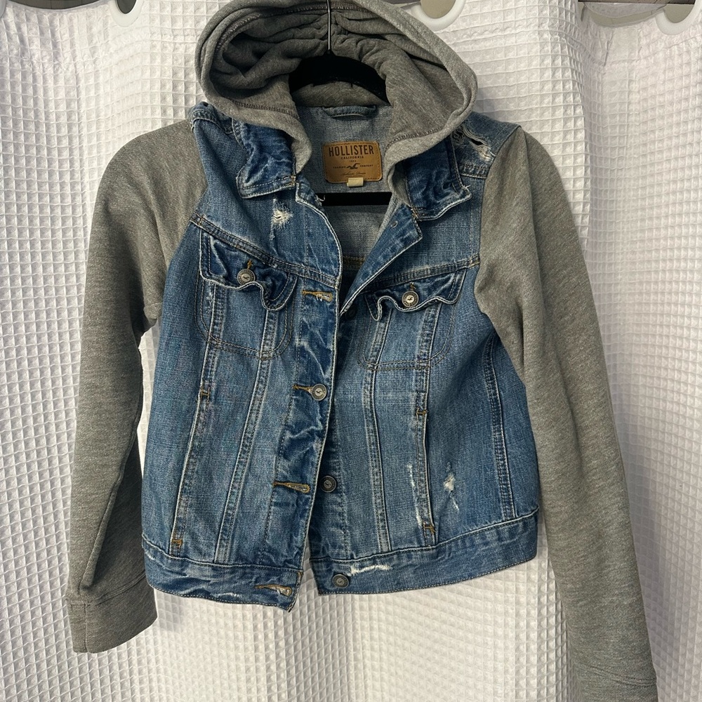 Hollister Blue Denim Jacket with Gray Hoodie